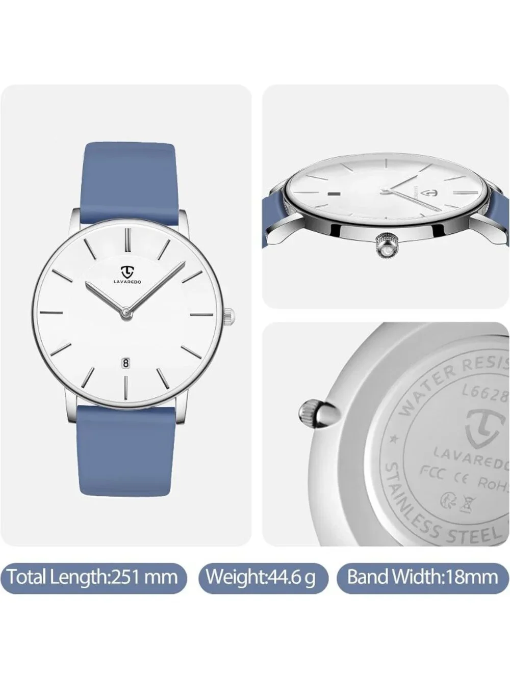 Men's White Dark Blue Leather Strap Analog Minimalist Fashion Simple Wrist Watch
